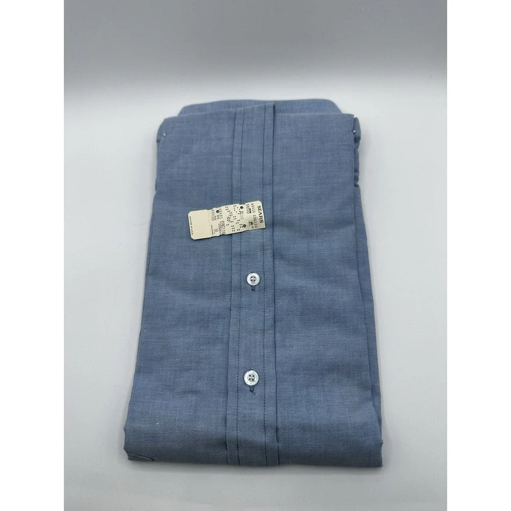 VTG 1970s Sears Perma-Prest Light Blue‎ Oxford Dress Shirt XL 17-17.5 USA